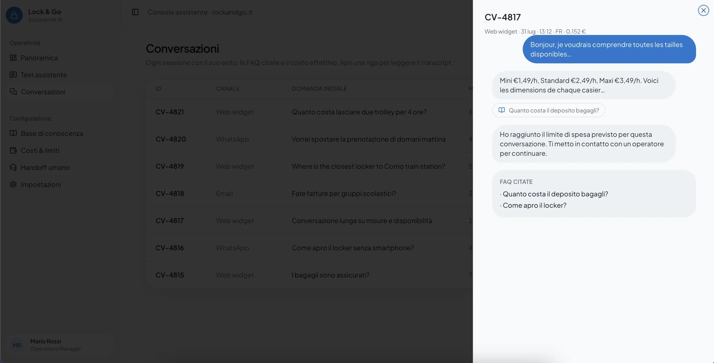 Il transcript di una conversazione in francese: le voci di FAQ da cui arrivano le risposte, e la chiusura dichiarata quando la conversazione supera il tetto di 0,15 €.