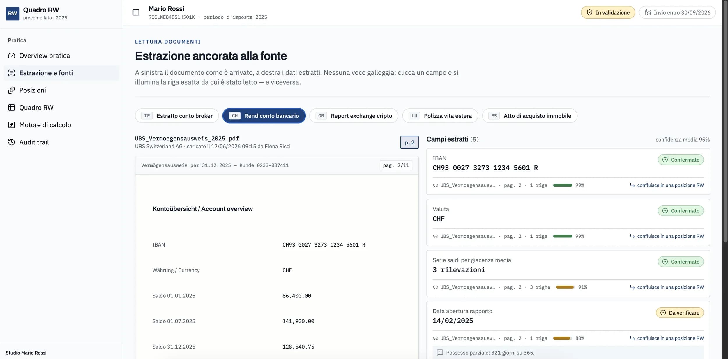 Il documento come è arrivato a sinistra, i campi estratti a destra: ogni valore porta con sé pagina, riga e livello di confidenza.