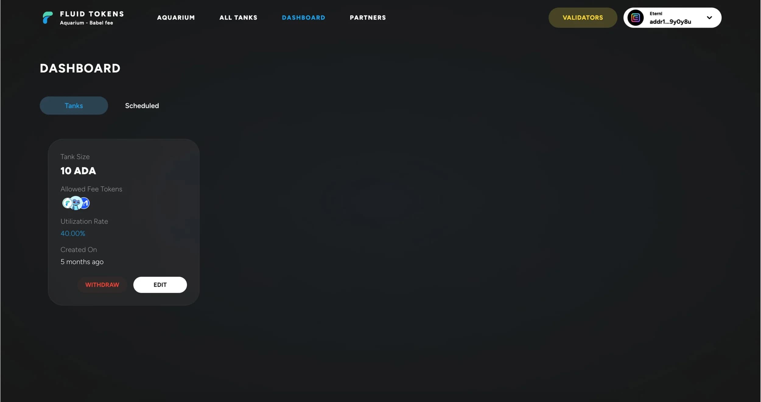 La dashboard raccoglie i tank dello sponsor: da qui si preleva o si modifica.