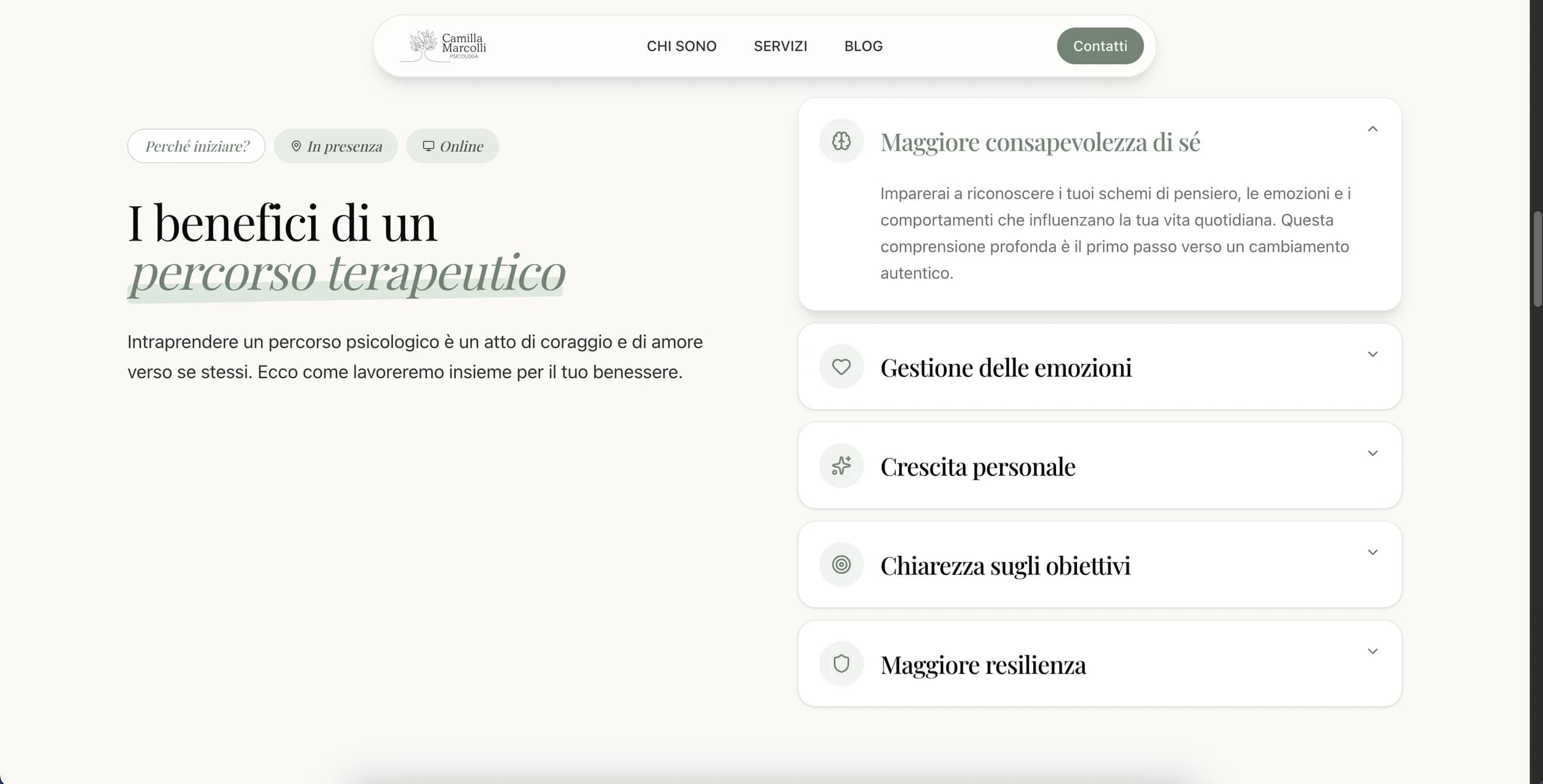 I benefici del percorso stanno in un accordion: chi legge apre solo quello che lo riguarda.