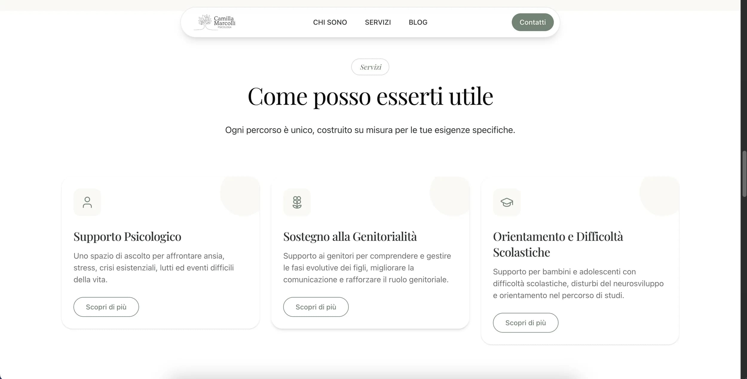 Tre card separano i servizi per destinatario: adulti, genitori, bambini e adolescenti.