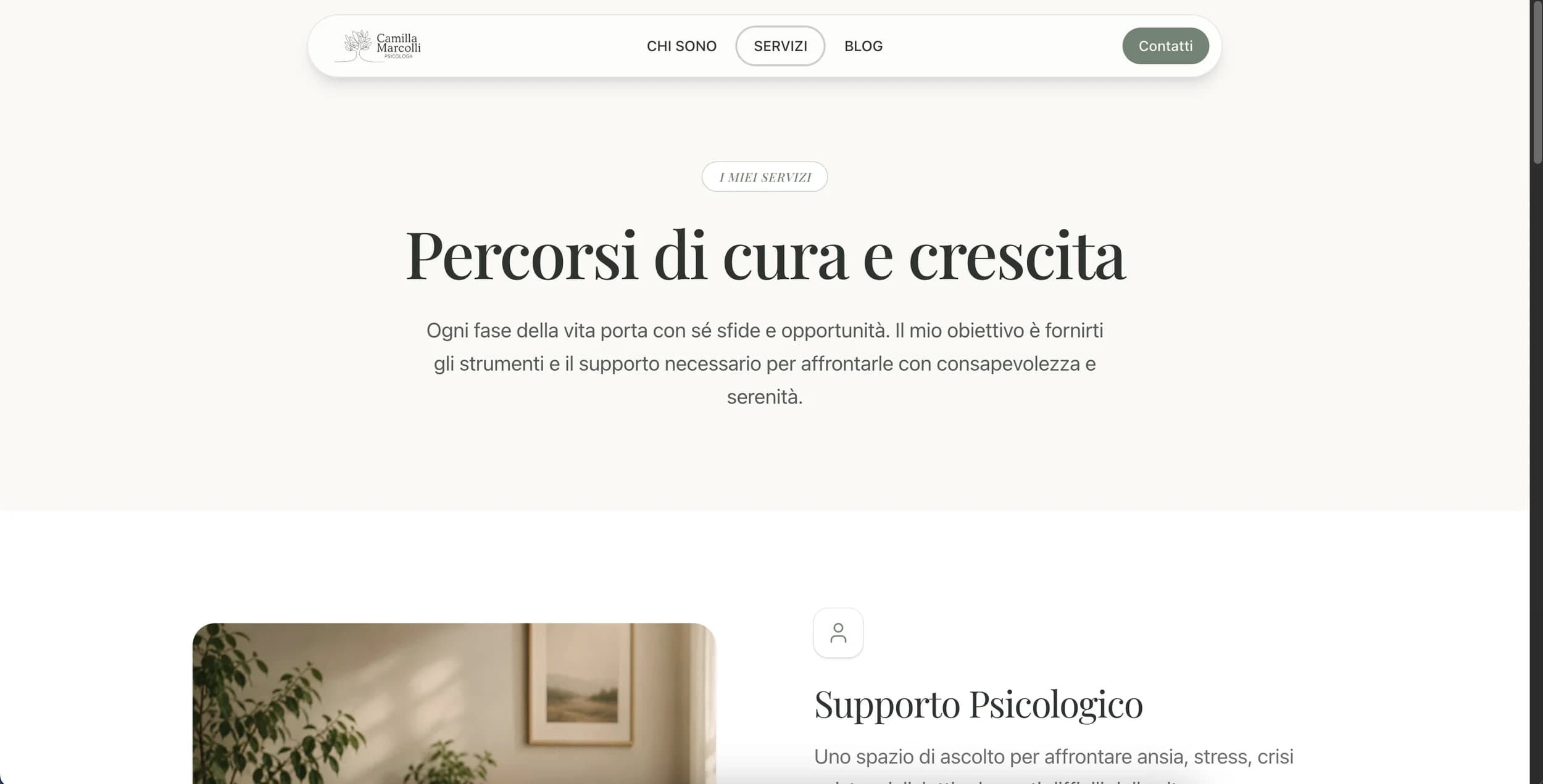 La pagina servizi raccoglie i percorsi, ognuno con la sua scheda dedicata.