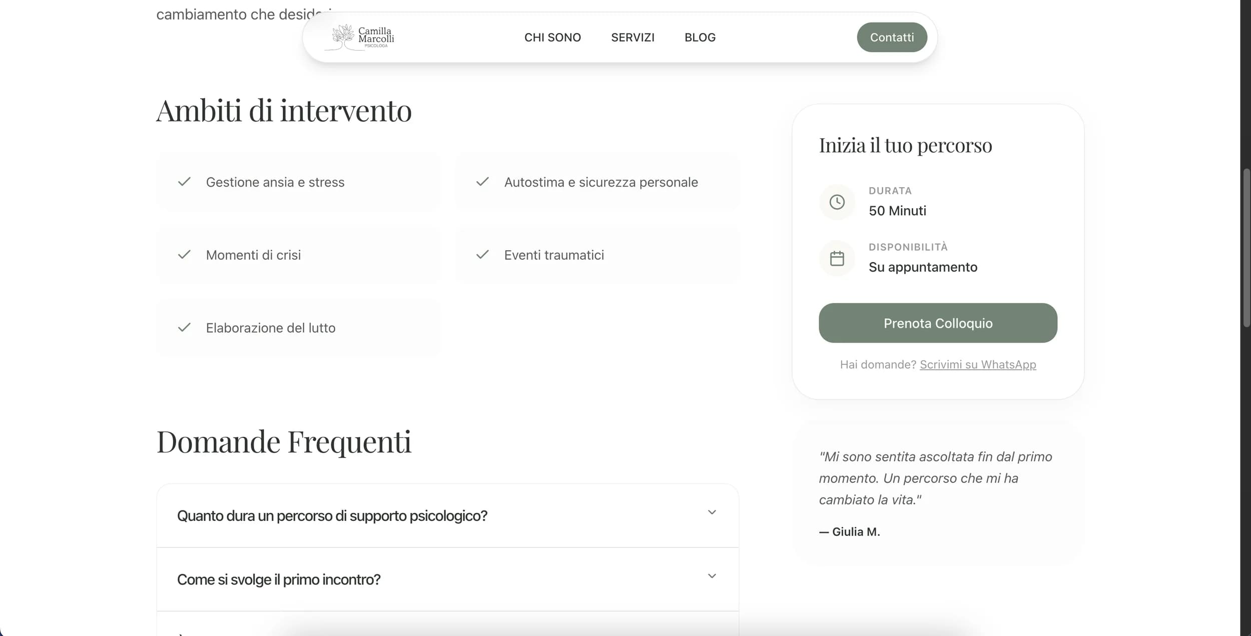 Ambiti di intervento e FAQ rispondono ai dubbi; il box di prenotazione resta a fianco.