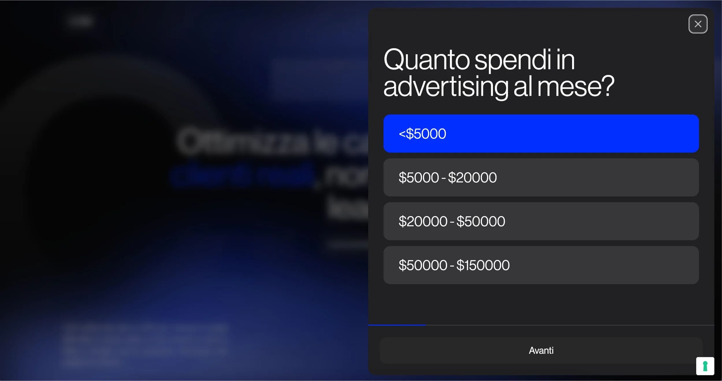 Modale di CJM con la domanda sulla spesa pubblicitaria mensile e quattro fasce di budget