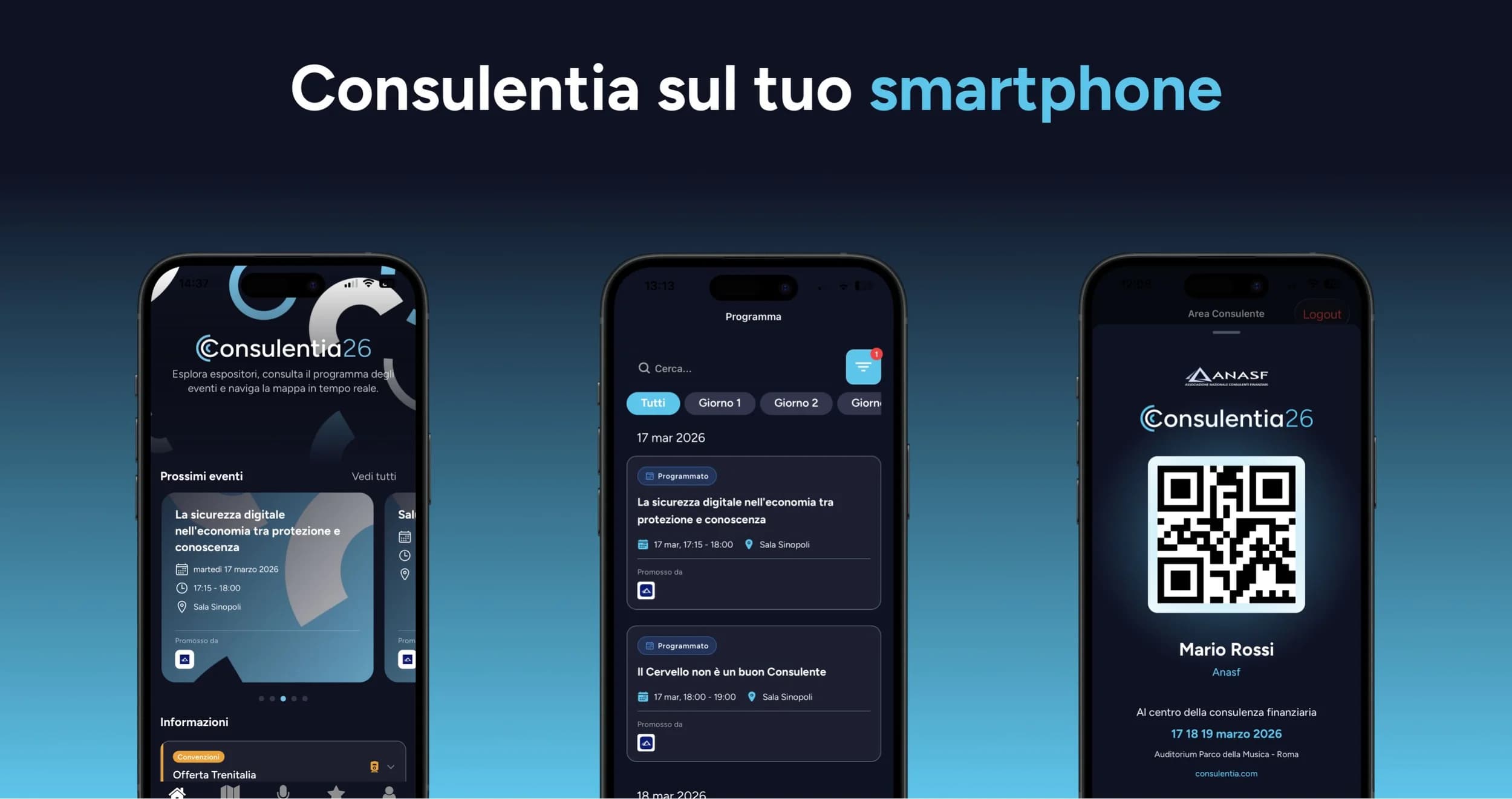 Tre schermate dell'app: home, programma filtrabile per giornata e badge QR del consulente.