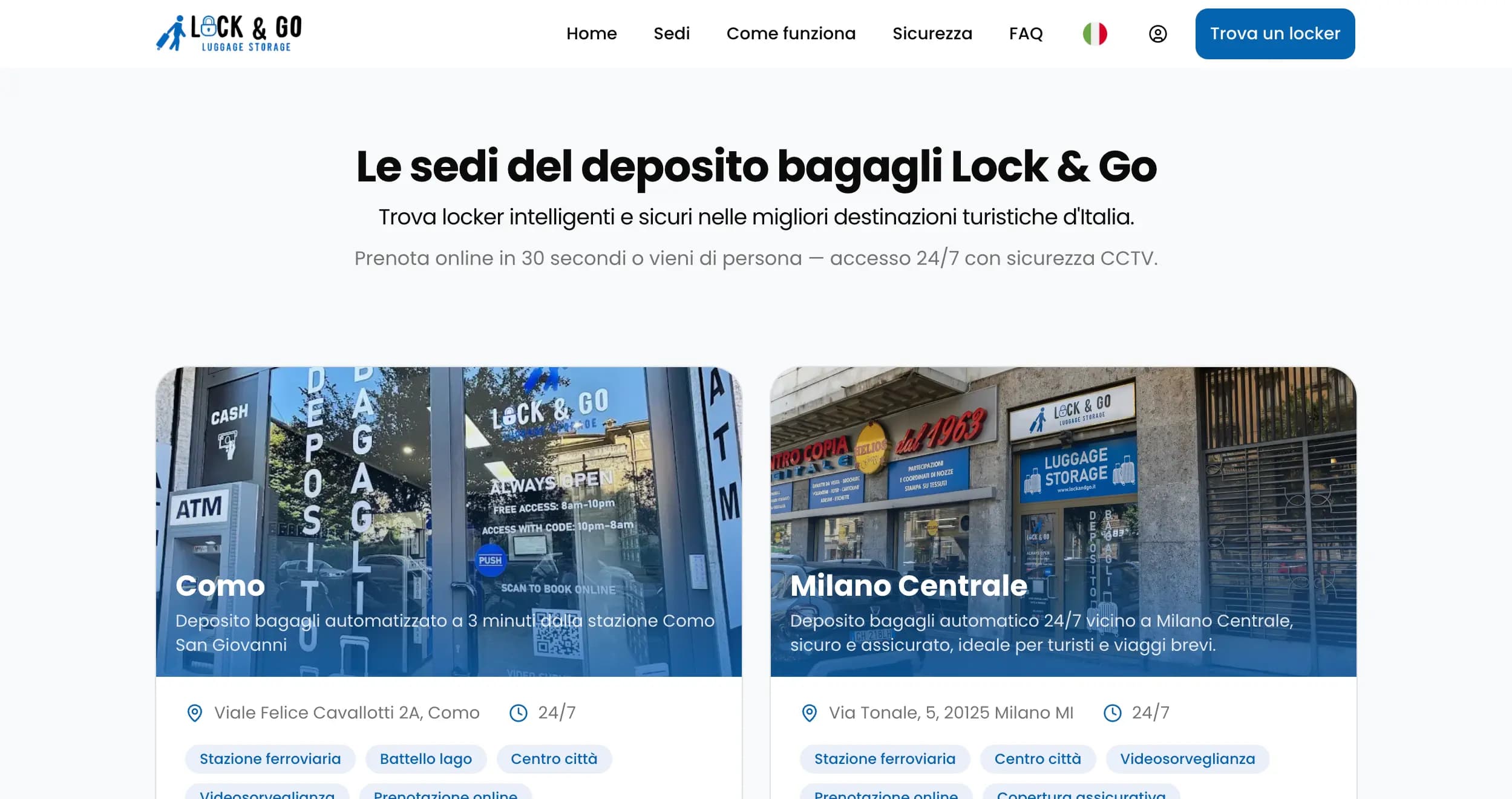 La pagina sedi elenca gli hub di Como e Milano Centrale con indirizzo e orari.
