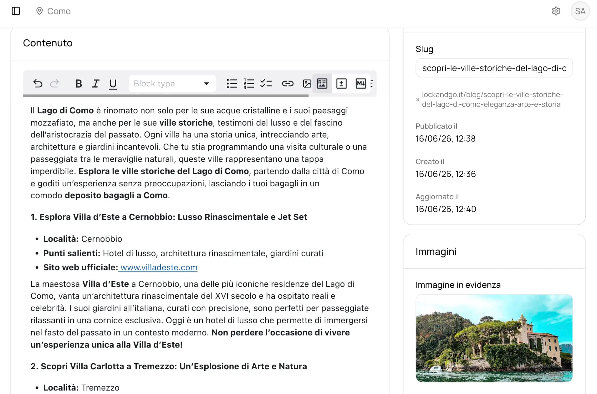 L'editor del CMS: il team Lock&Go scrive gli articoli, imposta slug e immagine di copertina.