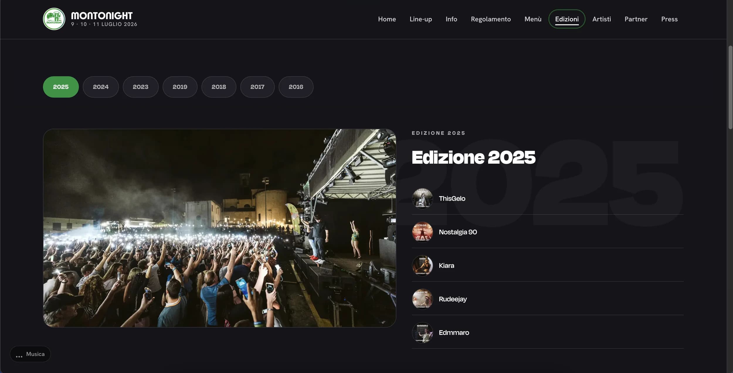 Pagina Edizioni di Montonight con filtro per anno e la line-up del 2025