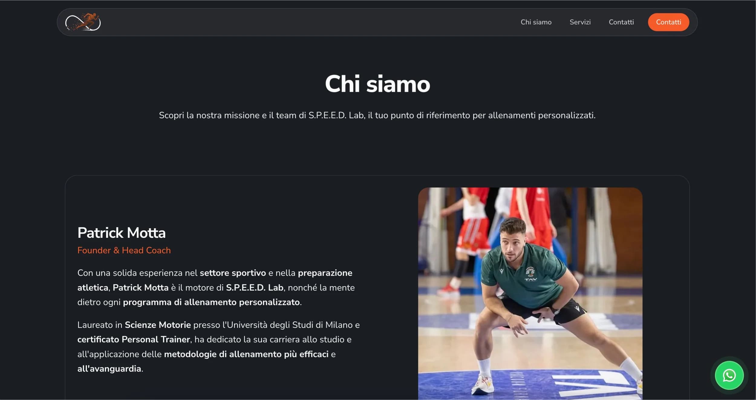 La pagina "Chi siamo" presenta il fondatore e head coach, con formazione ed esperienza.