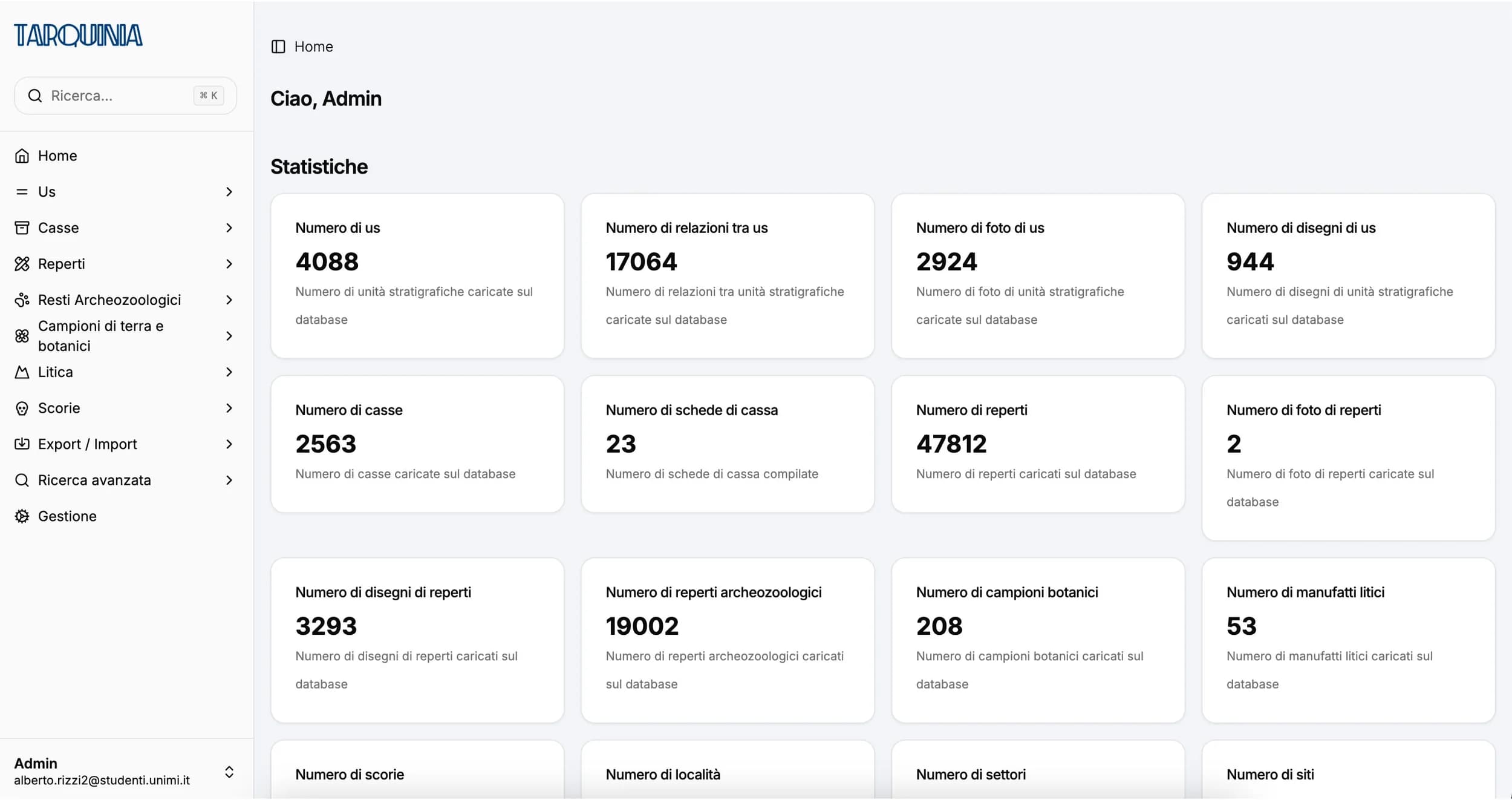 La home riassume il contenuto del database: unità stratigrafiche, relazioni, foto e disegni.